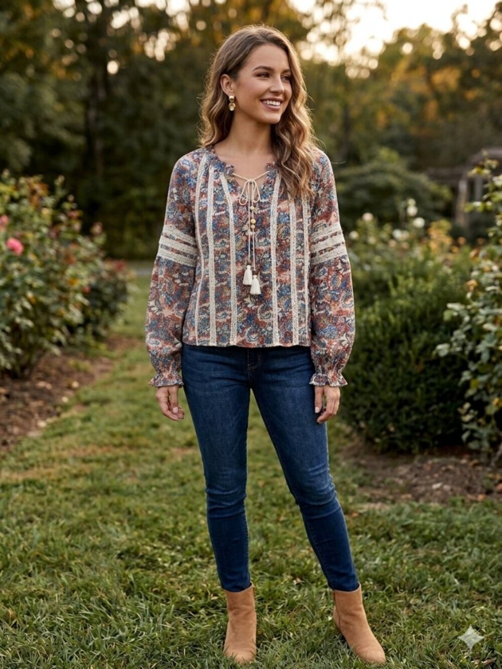 Sundance Boho Peasant Blouse Floral Paisley Lace Tassel Size S